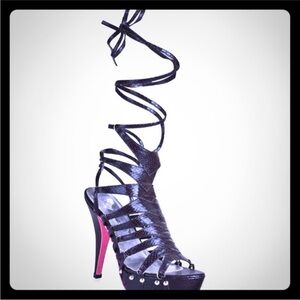 Hustler Hollywood Black Strappy Heels with Pink Accents